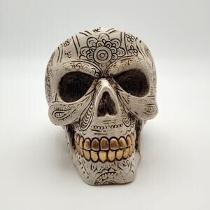 Skull Ashtray Gold Teeth Day of the Dead Halloween Decor Gothic 3” Ceramic